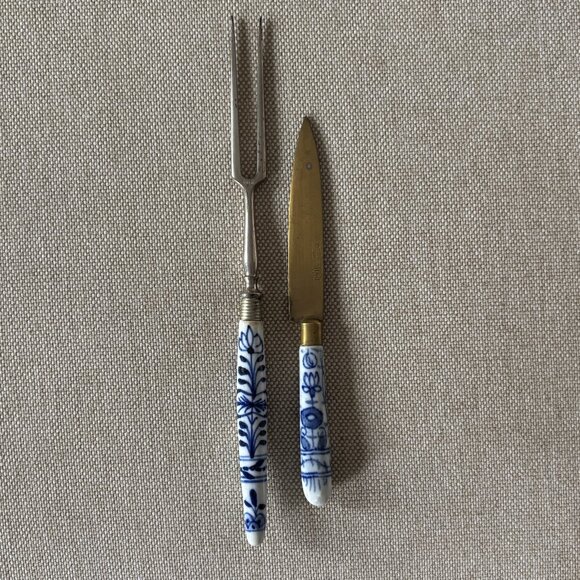 Vintage Bronze Bohemian Fruit Knife plus German Serving Fork Porcelain Handles - Picture 1 of 10
